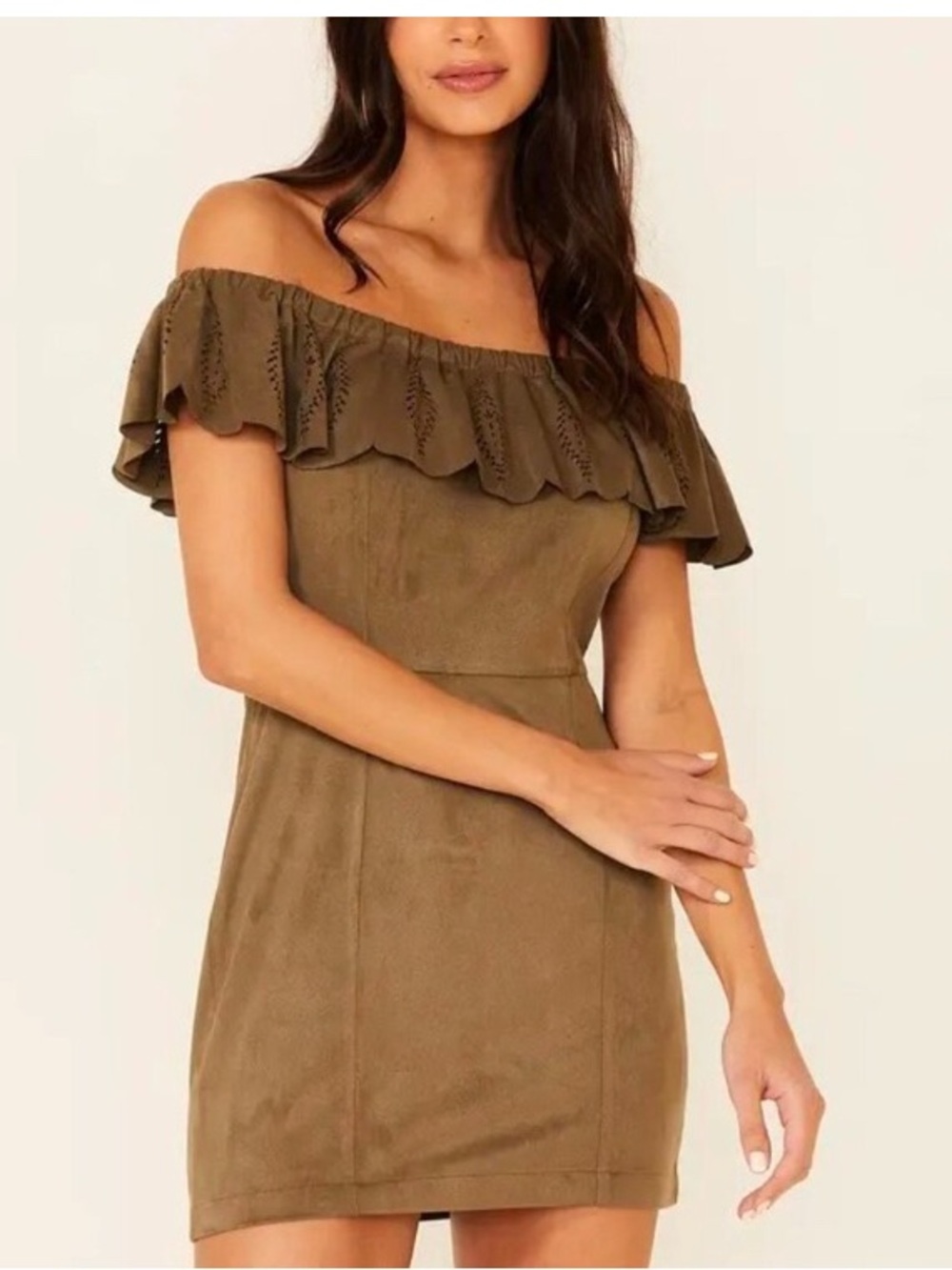 Shyanne Olive Green Faux Suede Ruffled Off the Shoulder Mini Dress Size Large